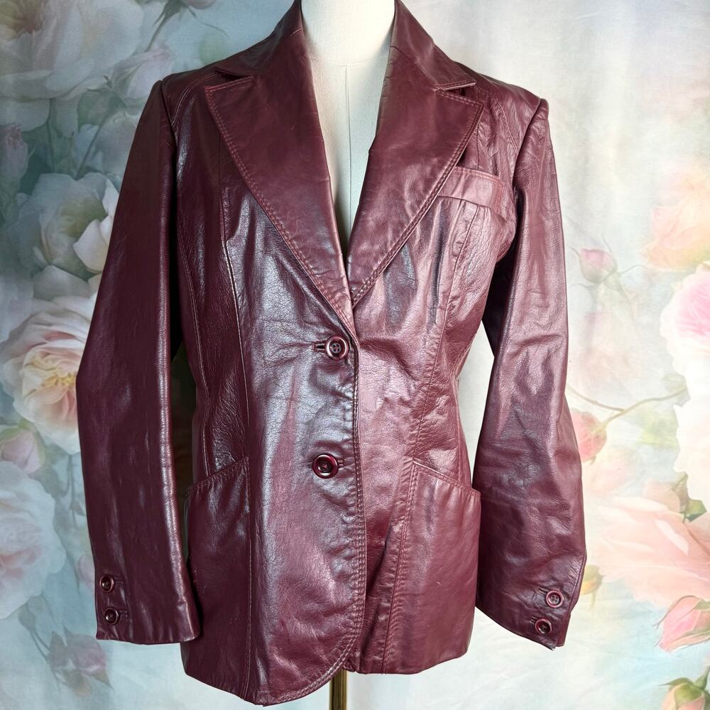 Vintage 70s TFC Maroon 100% Leather Button Up Coat Jacket
